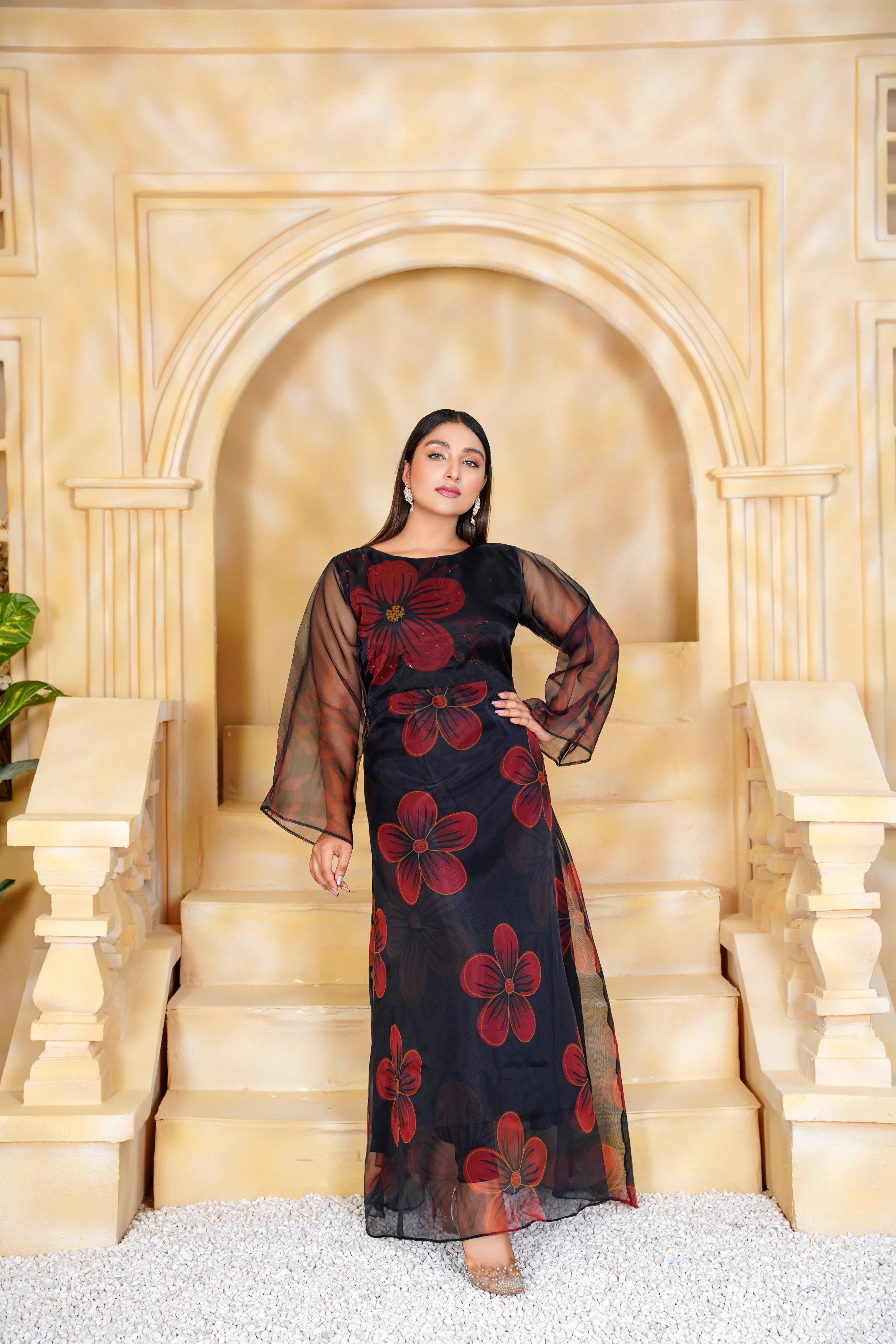 Black Long Maxi with Floral Hand Embellishments